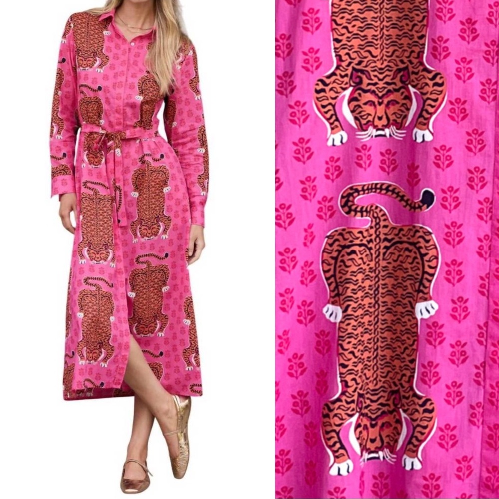 PRINTFRESH Pink Orange Tiger Printed Long Sleeve Belted Monaco Maxi Shirt Dress